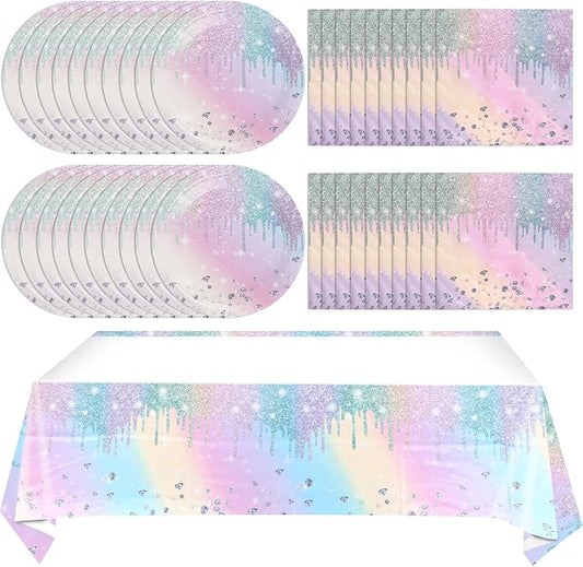 Iridescent Diamond Birthday Party Supplies Decorations, Disposable Holographic Paper Tableware Includes 20 Plates 20 Napkins and 1 Tablecloth for Girls Kids Birthday Theme Party, Serve 20