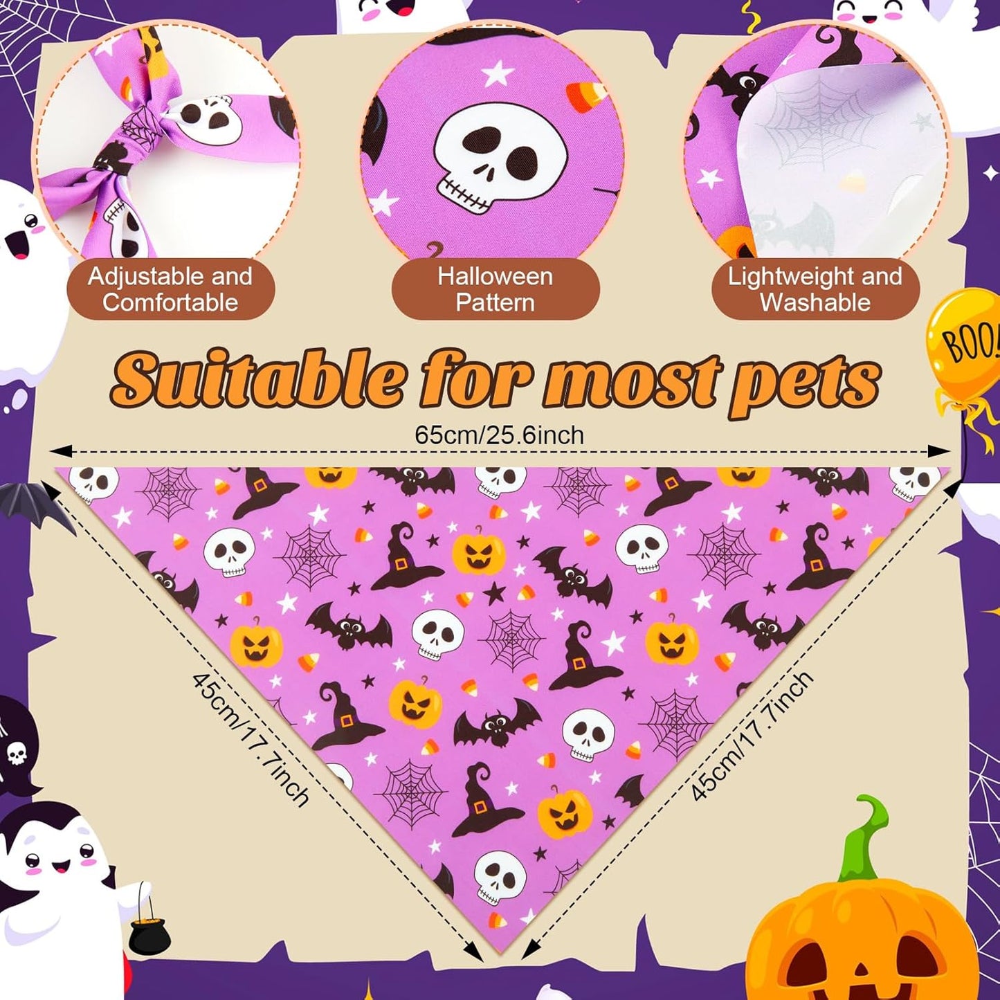 Weewooday 50 Pcs Halloween Dog Bandanas Bulk Pumpkin Ghost Bandanas for Dogs Soft Triangle Bibs Adjustable Triangle for Small Medium Large Pets Halloween Party Costume(25.6 x 17.7 x 17.7 inch)