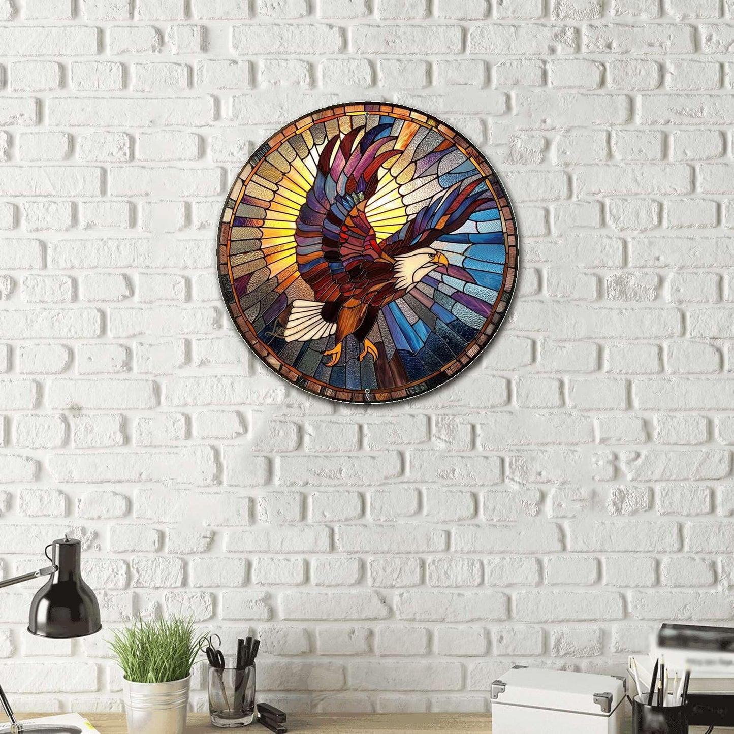 Lygond Metal Sign Tin Sign Circular Stained Glass Eagle Bathroom Decor For Club 12×12 Inches