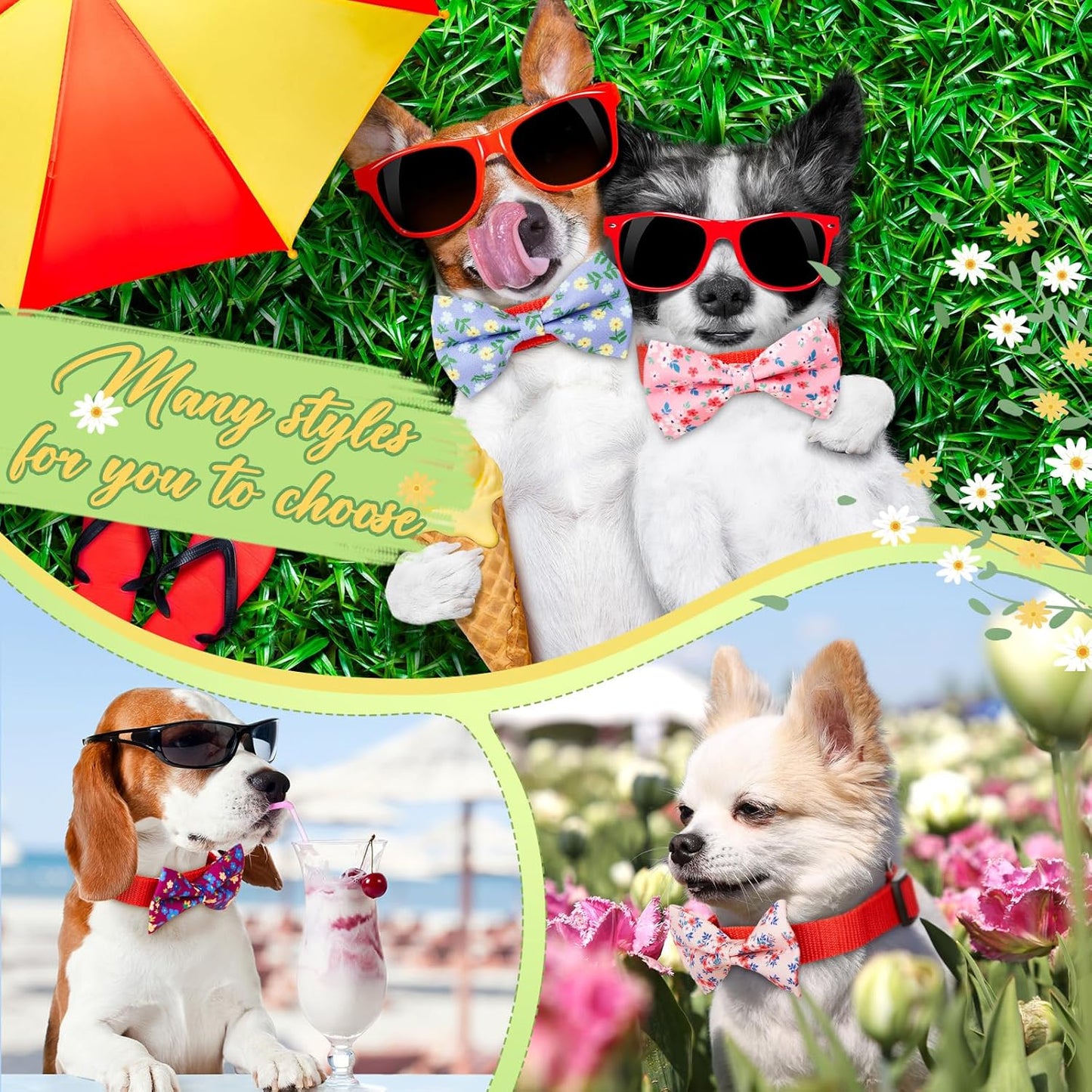 Hillban 50 Pieces Floral Collar Dog Bow Ties Flower Dog Collar Accessories Bow Ties Attachment with Elastic Bands Detachable Charms for Pets Accessories Summer Costume