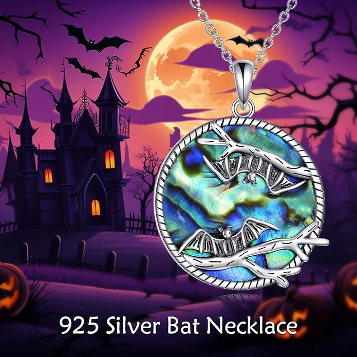 AOBOCO Cat Necklace Sterling Silver Bat Black Cat Quartz Cat Necklace Ghost Pumpkin Pentagram Witch Pendant Necklace Halloween Gifts for Women