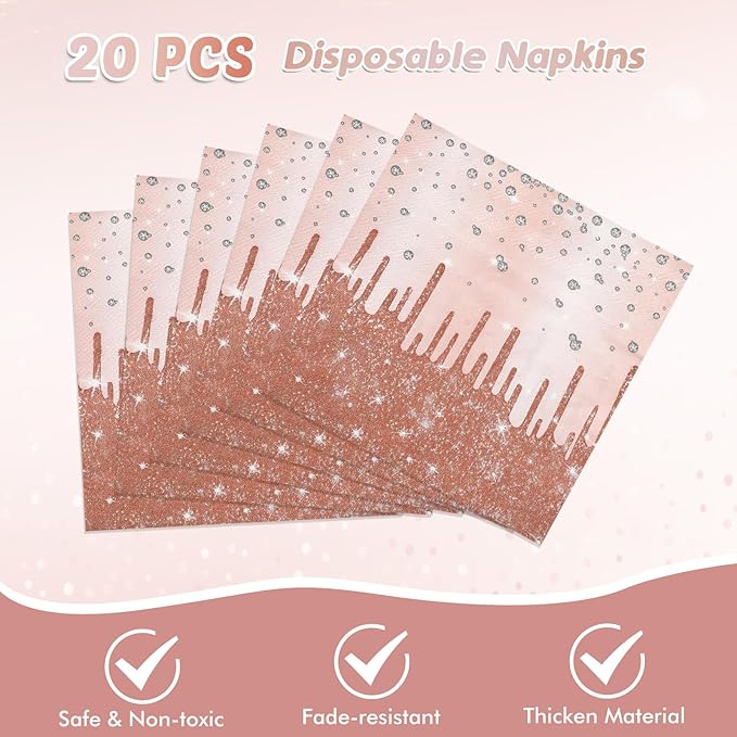 Rose Gold Birthday Party Decorations for Women Girls, Happy Birthday Party Supplies Includes 20 Plates, 20 Napkins and 1 Tablecloth, Pink Dimond Theme Decor for 13th 16th 18th 21st 30th 40th 50th