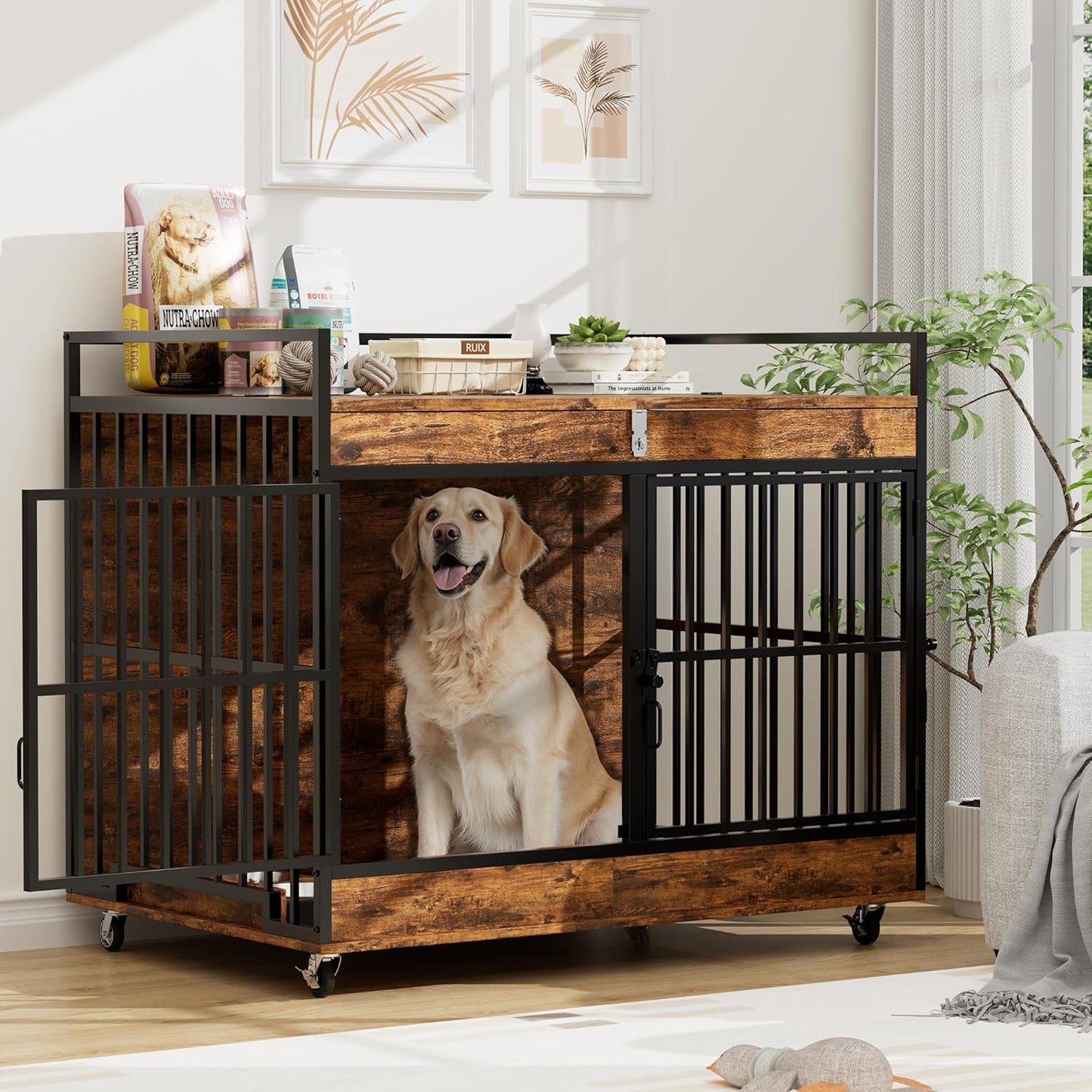 Dog Crate Furniture Large Breed with 2 Stainless Steel Bowls, Large Wooden Dog Crate Table, Escape-Proof & Chew-Proof XL Furniture, Decorate House As TV Stand, End Table, 45" L X 30" W 37" H