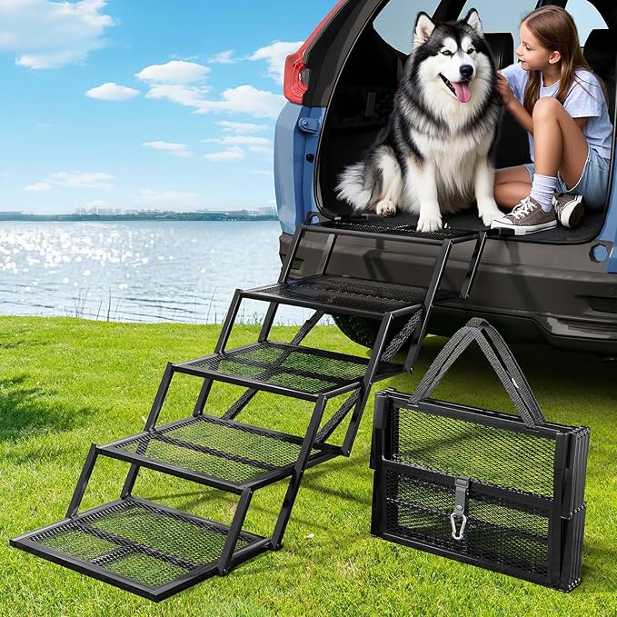 Dog Stairs for Large Dogs, Linvivon Extra Wide 20" Dog Steps with Non-Slip Surface and Reflective Strips, Outdoor Foldable Dog Ramp for Stairs, Car, Truck and SUV, Supports Up to 400LBS, 5 Steps
