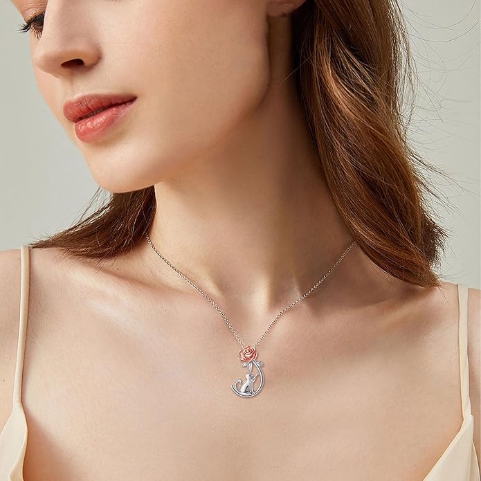URONE Cat Necklace 925 Sterling Silver Cat Pendants Necklace Animals Jewelry Gifts For Women
