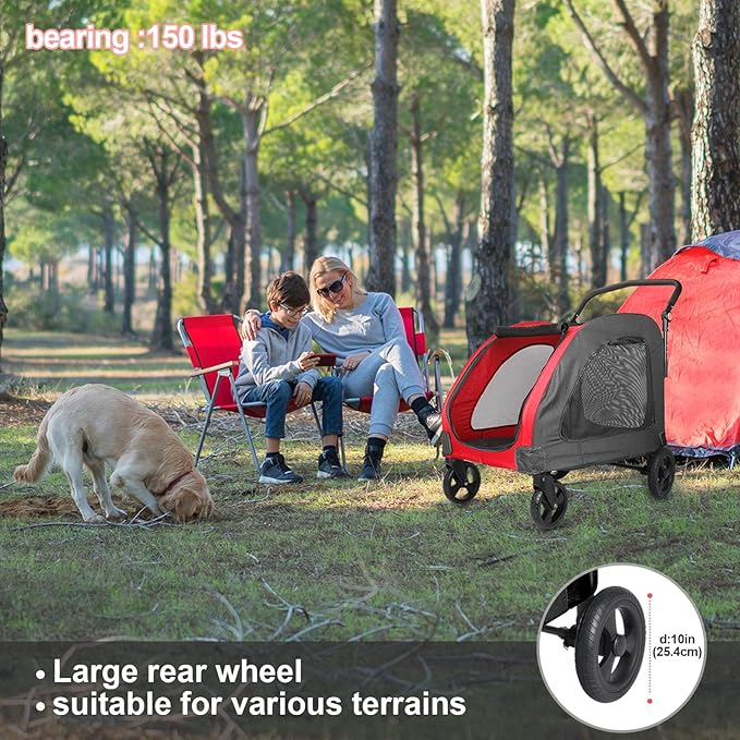 Large Dog Travel Stroller with 4 Heavy Duty Wheels Pet Stroller with Adjustable Handle - Double Doggie Capacity Jogger Wagon with Back Front Door for Small Medium Large Dogs (Red-Black)