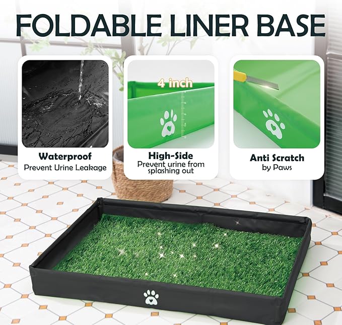 MEEXPAWS Dog Grass Pad with Foldable Dog Litter Box, Extra Large Pee Pad Holder Foldable Liner Base High Side with Odor Free Artificial Grass for Potty Training Balcony, 2 PCS Reusable Pee Pads