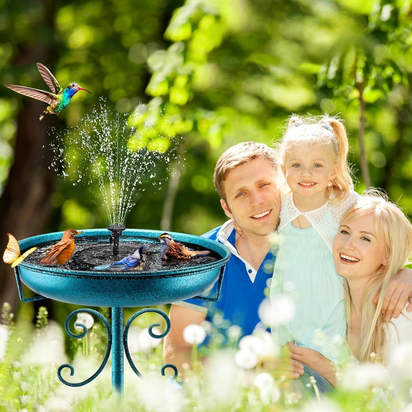 Daoeny 35In Metal Bird Bath for Outside, Vintage Freestanding Birdbaths & Birdfeeder, Bird Baths Feeder Bowl for Outdoors Garden Patio Yard Lawn Decor, Upgraded 5-Pronged Base (Blue)