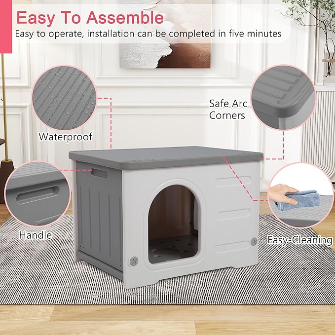 Rockever Plastic Cat House Outdoor with Escape Door, Waterproof Feral Cat House Outdoor Indoor, Sturdy Cat House for Outdoor Cats, Assemble Easily-Grey