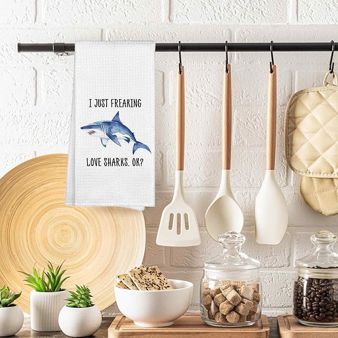 I Just Freaking Love Sharks Kitchen Towels Decorative Gifts for Shark Lovers 16x24, Shark Dish Towel Cloths Dishcloths Tea Towel, Shark Bathroom Kitchen Hand Towel Decor