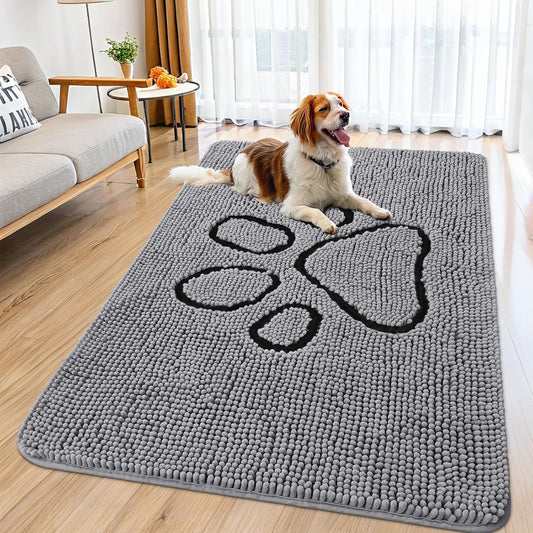 Smiry Dog Door Mat for Muddy Paws, Absorbent Dirt Trapper Non Slip Quick Dry Washable Chenille Mat for Mud Dogs, Entry Rug for Indoor and Outdoor (59x35 Inches, Grey)