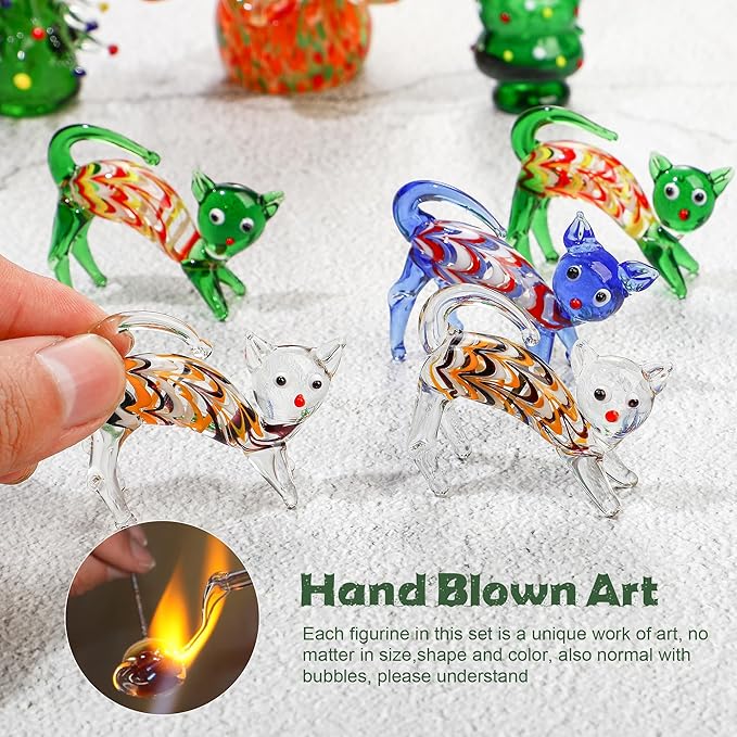 HDCRYSTALGIFTS 4PCS Hand Blown Glass Cat Figurines Collectible, Art Glass Cat Miniature Animal Statue Kitten Sculpture for Home Decor Gift