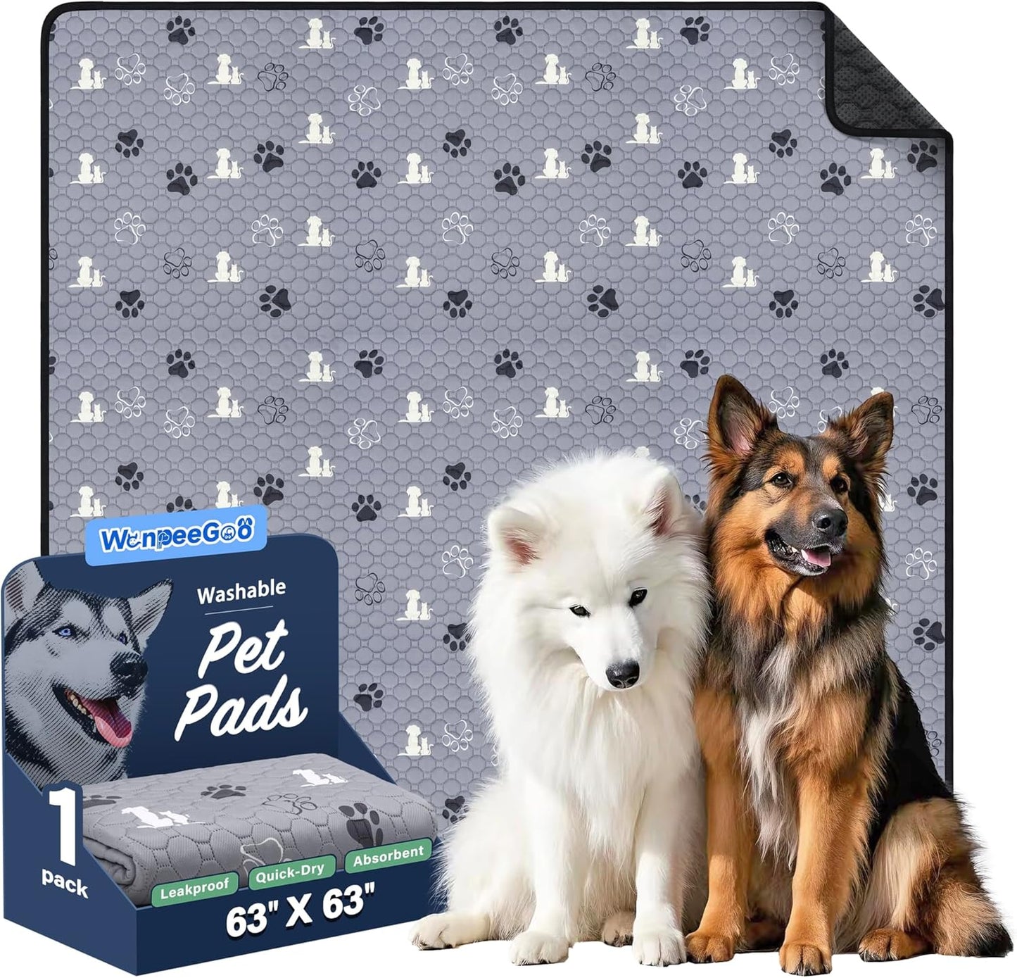 Washable Pee Pads, Puppy Pee Pad for Dogs, 1 Pack Absorbent Reusable Training Dog Pads Pet Puppy Pads, Non-Slip Potty Pads for Whelping, Playpen, Crate, Bed, Grey 63"x63"