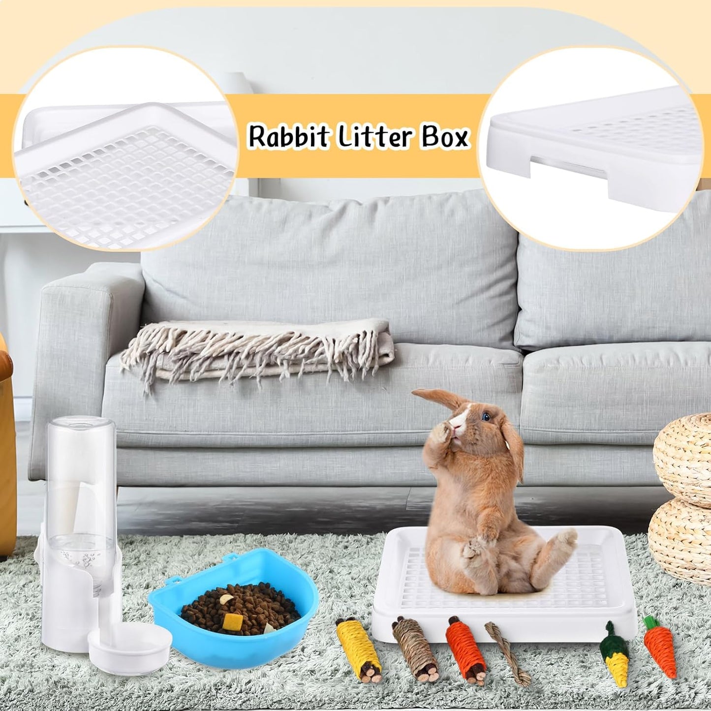 19 Pcs Rabbit Starter Kit Small Bunny Litter Box Animal Grooming Kit Water Bottle Bunny Toys Hay Feeder Bowl Blankets with Cleaning Set for Guinea Pig Rabbit Accessories (White)
