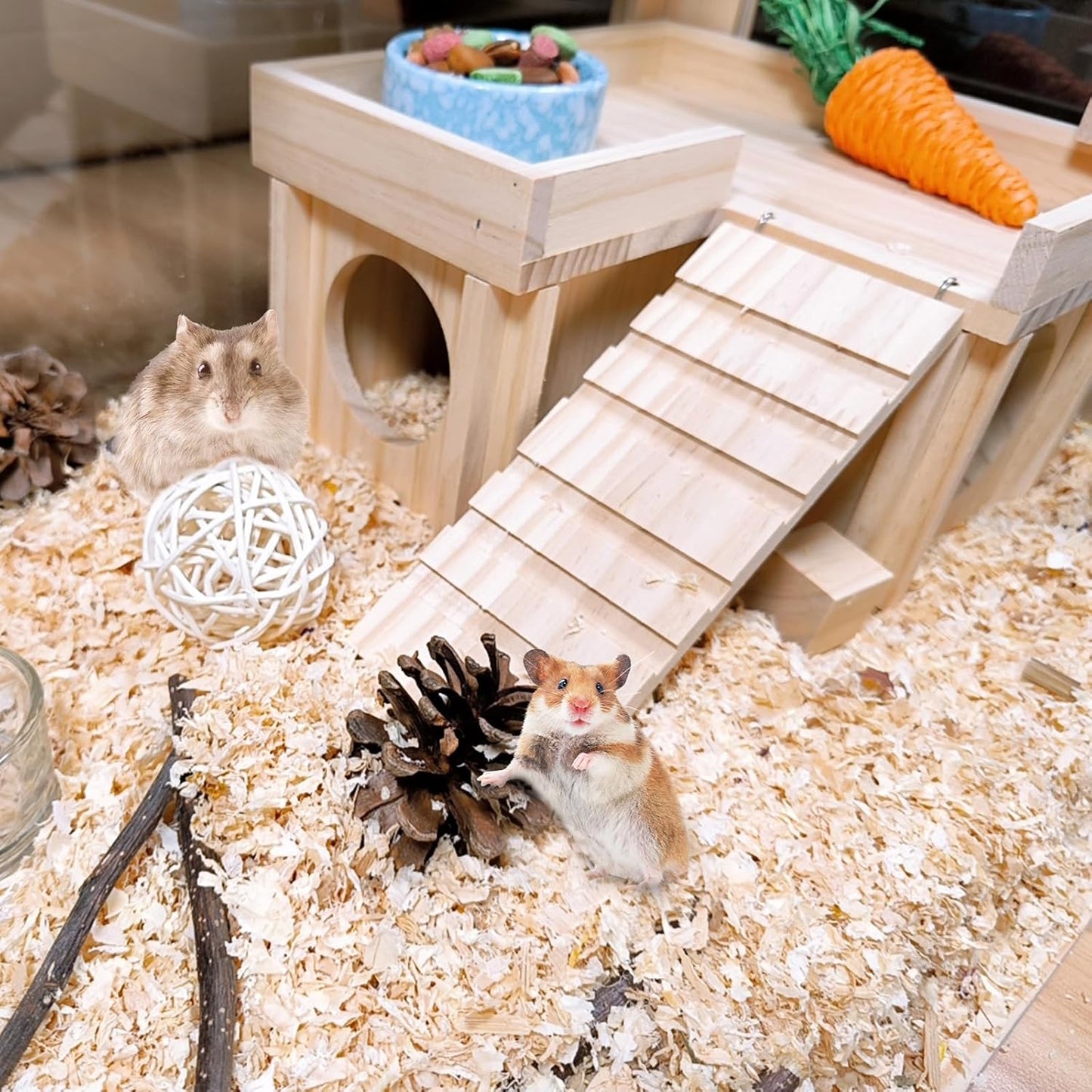 Wooden Hamster Hideout Hamster Wood House with Ladder Hides Platform Decor Detachable Small Animals Cage Accessories for Rat Gerbils and Other Small Pets