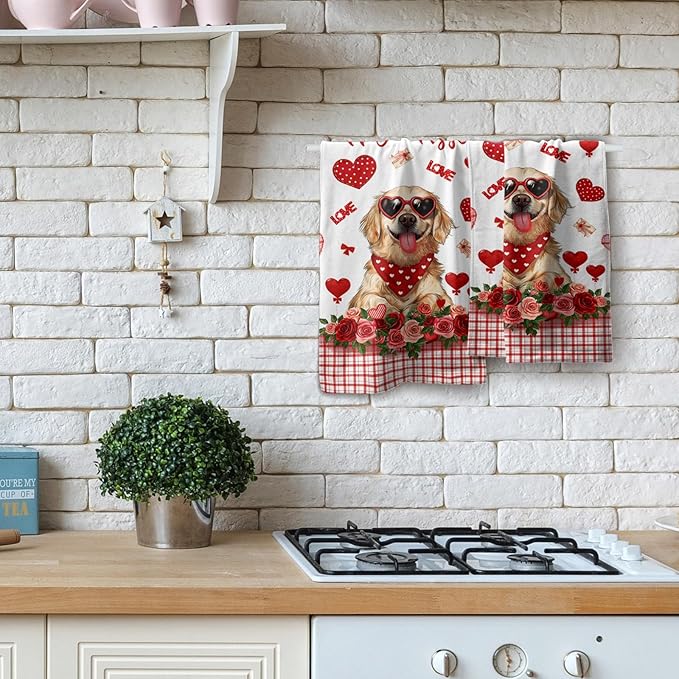 Giwawa Valentine Dog Hand Towels Set of 2 Hugs Kisses Dish Towels Soft Highly Absorbent Fingertip Towel for Home Bathroom Kitchen Hotel Spa