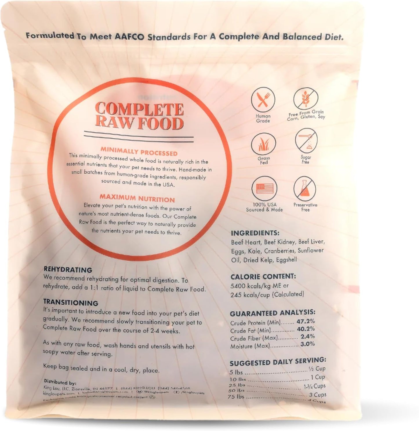 King Lou Pets - Human Grade Raw Food for Dogs and Cats - Complete Meal for Pets - Freeze Dried Beef Recipe - 14oz