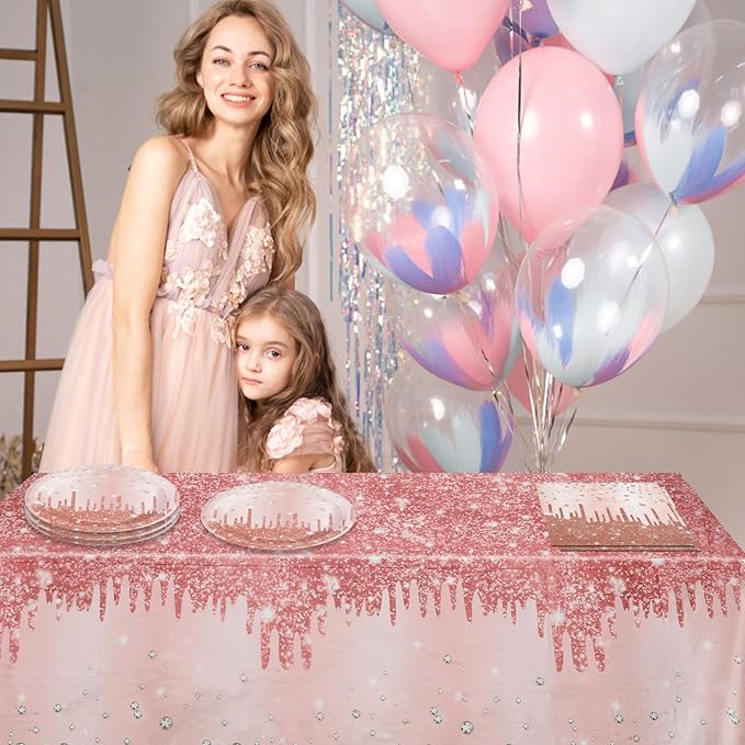 Rose Gold Birthday Party Decorations for Women Girls, Happy Birthday Party Supplies Includes 20 Plates, 20 Napkins and 1 Tablecloth, Pink Dimond Theme Decor for 13th 16th 18th 21st 30th 40th 50th