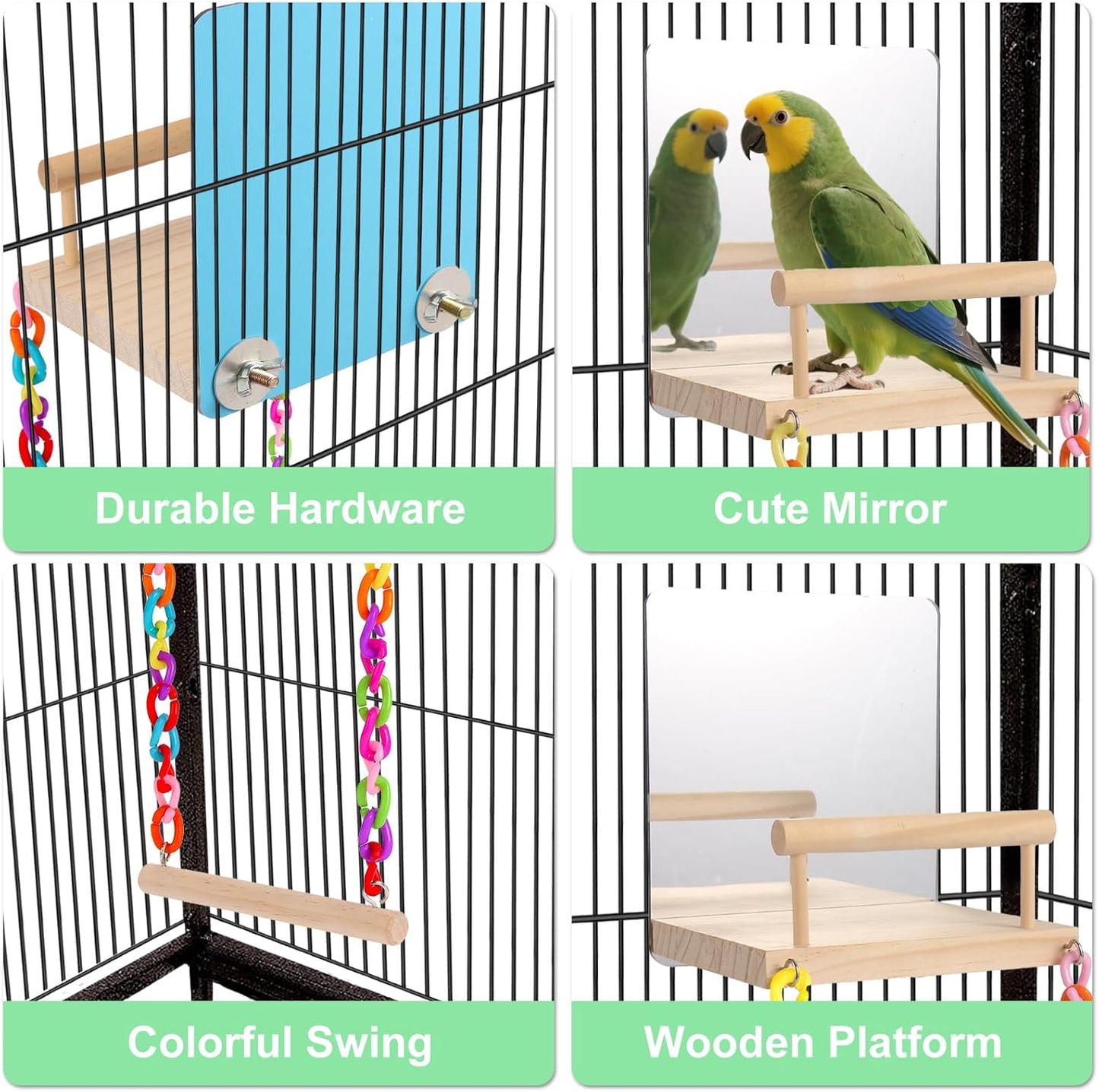KyoukiBird Perch Platform Bird Toys with Bird Mirror Climbing Ladder Swing, Parakeet Cage Accessories - for Cockatiels, Lovebirds, Budgies,Pacific Parrotlets,Finch,Canaries - Wooden Play Gym