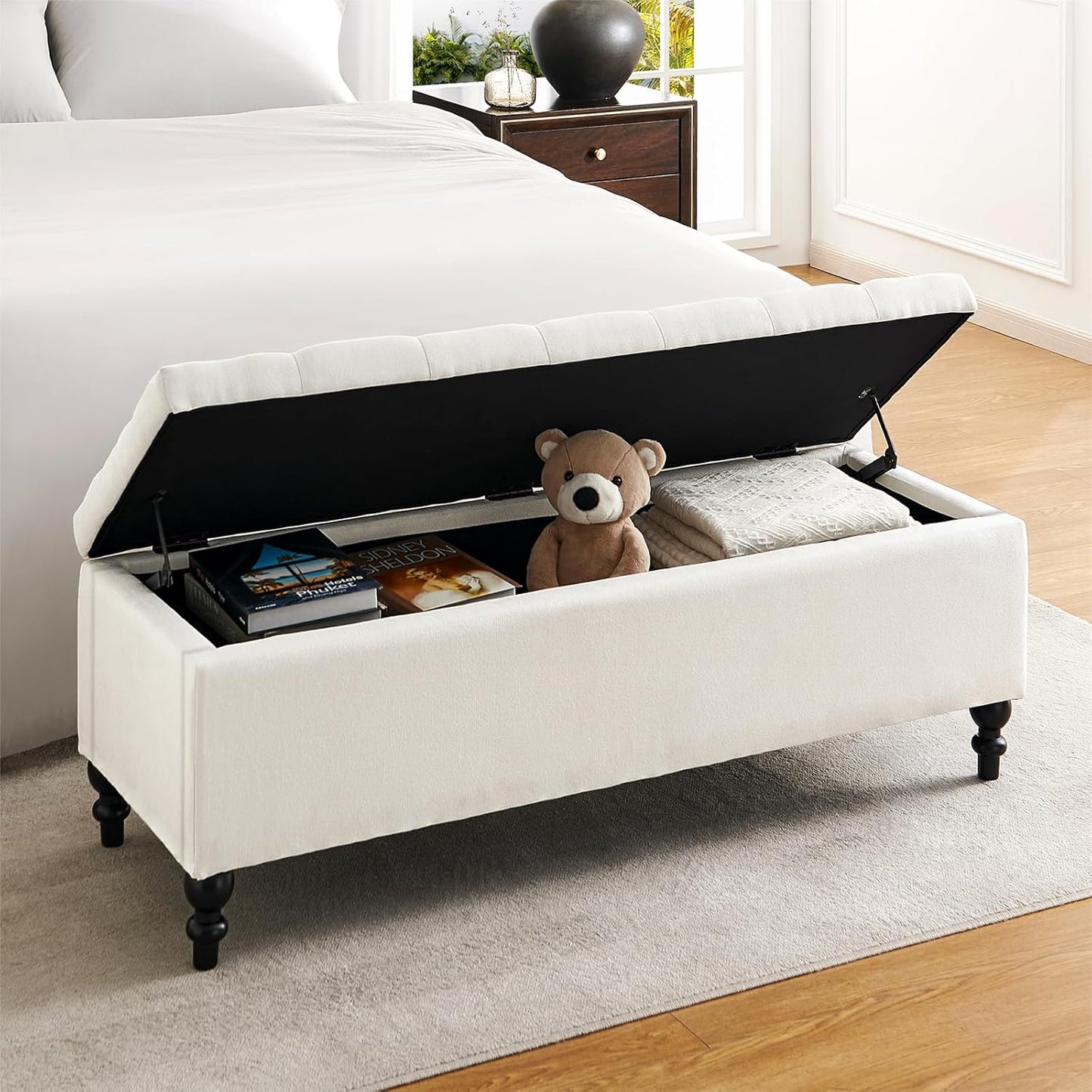 Ottoman with Storage,50.2-inch Upholstered End of Bed Storage Bench for Bedroom,for The Living Room,for Entryway, with Button and Safety Hinges,Detachable (White)