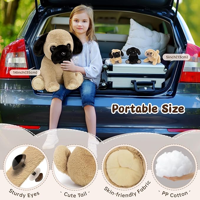 MorisMos Pug Dog Stuffed Animal with Babies,18'' Large Mommy Dog Push with Baby Puppy Toys for Kids,4Pcs Realistic Bulldog Toys for Girl Boy, Stuffed Pug Toy Gift for Birthday Christmas