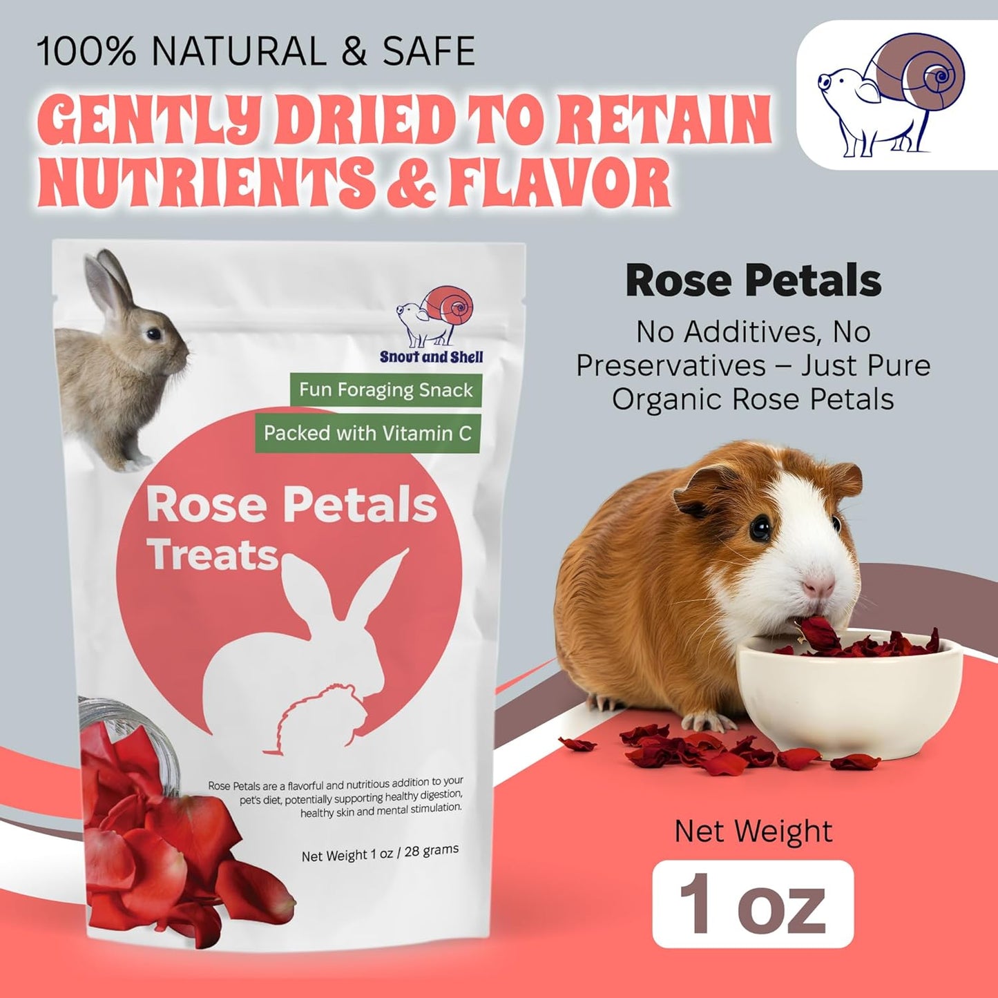 Snout and Shell Small Pet Mega Pack – 6 Natural Treats: Pea Flakes, Dandelion, Raspberry Leaf, Marigold, Rose Petals & Hibiscus – For Rabbits, Guinea Pigs, Chinchillas & More – Foraging & Health Boost