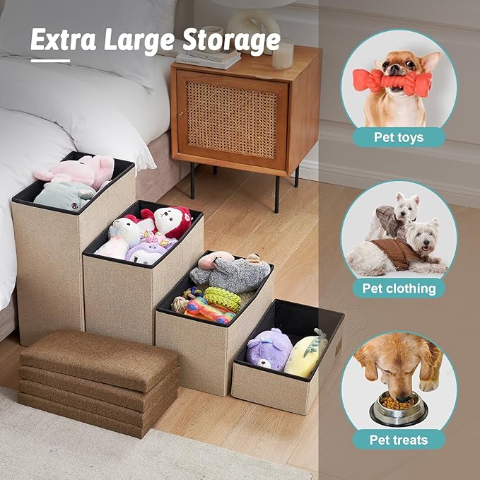 Dog Stairs with Storage, 3-Step Wider Sturdy Dog Steps for Small/Medium/Large Dogs and Older Cats, Folding Doggie Ramp for Bed/Couch/Car Hold Up to 180 lbs (16.7" H, Beige)