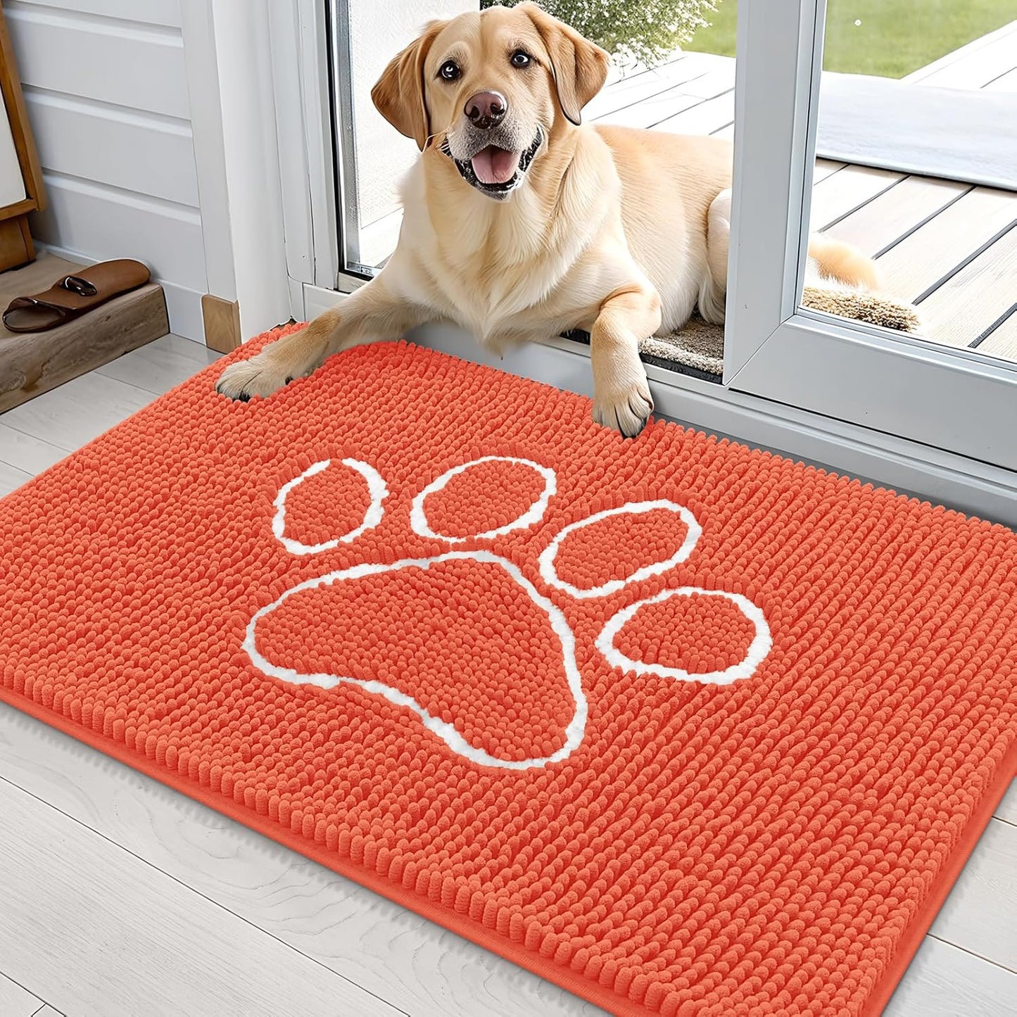 OLANLY Door Mat for Muddy Dog Paws 36x24, Ultra Absorbent Chenille Mud Doormat with Paw Print Design, Non-Slip Washable Doormat for Indoor Entryway, Quick-Dry Pet Bed Mats for Dirty Dogs, Coral