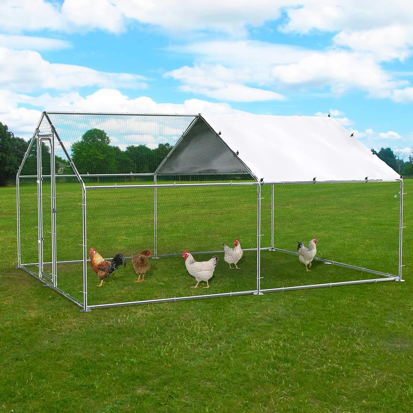 LEMBERI Metal Chicken Runs for Yard, Spire-roof Large Walk in Chicken coop cage for Outside,Galvanized Rabbits Duck Run and coops,Chicken Pen with Waterproof Cover for Outdoor,Backyard and Farm