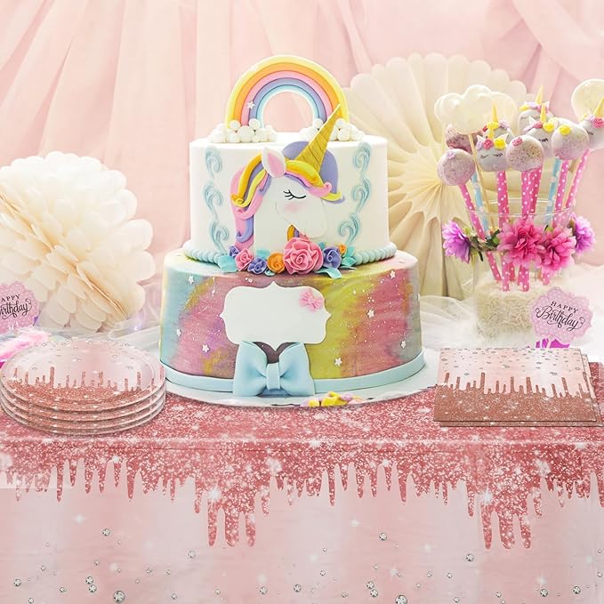 Rose Gold Birthday Party Decorations for Women Girls, Happy Birthday Party Supplies Includes 20 Plates, 20 Napkins and 1 Tablecloth, Pink Dimond Theme Decor for 13th 16th 18th 21st 30th 40th 50th