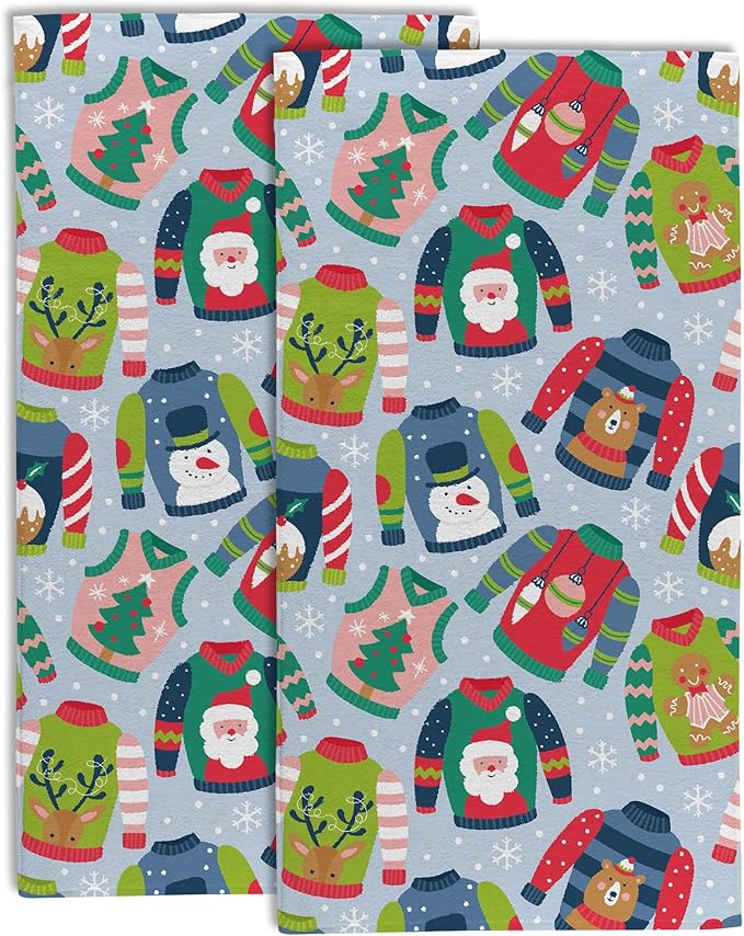 Christmas Ugly Sweater Hand Towel Set of 2,Childish Christmas Holiday Sweater Bathroom Kitchen Towel,Soft Absorben for Bathroom Kitchen Hotel 28"x14"
