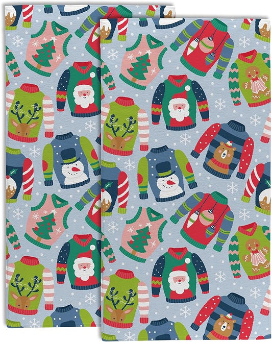 Christmas Ugly Sweater Hand Towel Set of 2,Childish Christmas Holiday Sweater Bathroom Kitchen Towel,Soft Absorben for Bathroom Kitchen Hotel 28"x14"