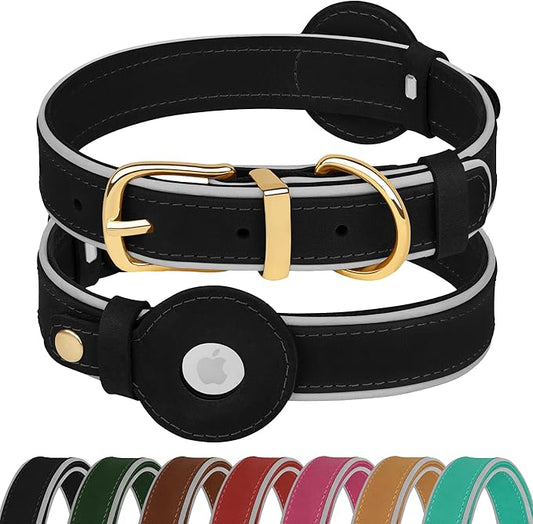 OOPSDOGGY Reflective Geniune Leather Airtag Dog Collar Soft Padded Collars for Small Medium Large Breed Dogs Puppy, 4 Sizes, 7 Colors (Black, XLarge, 19"-24")