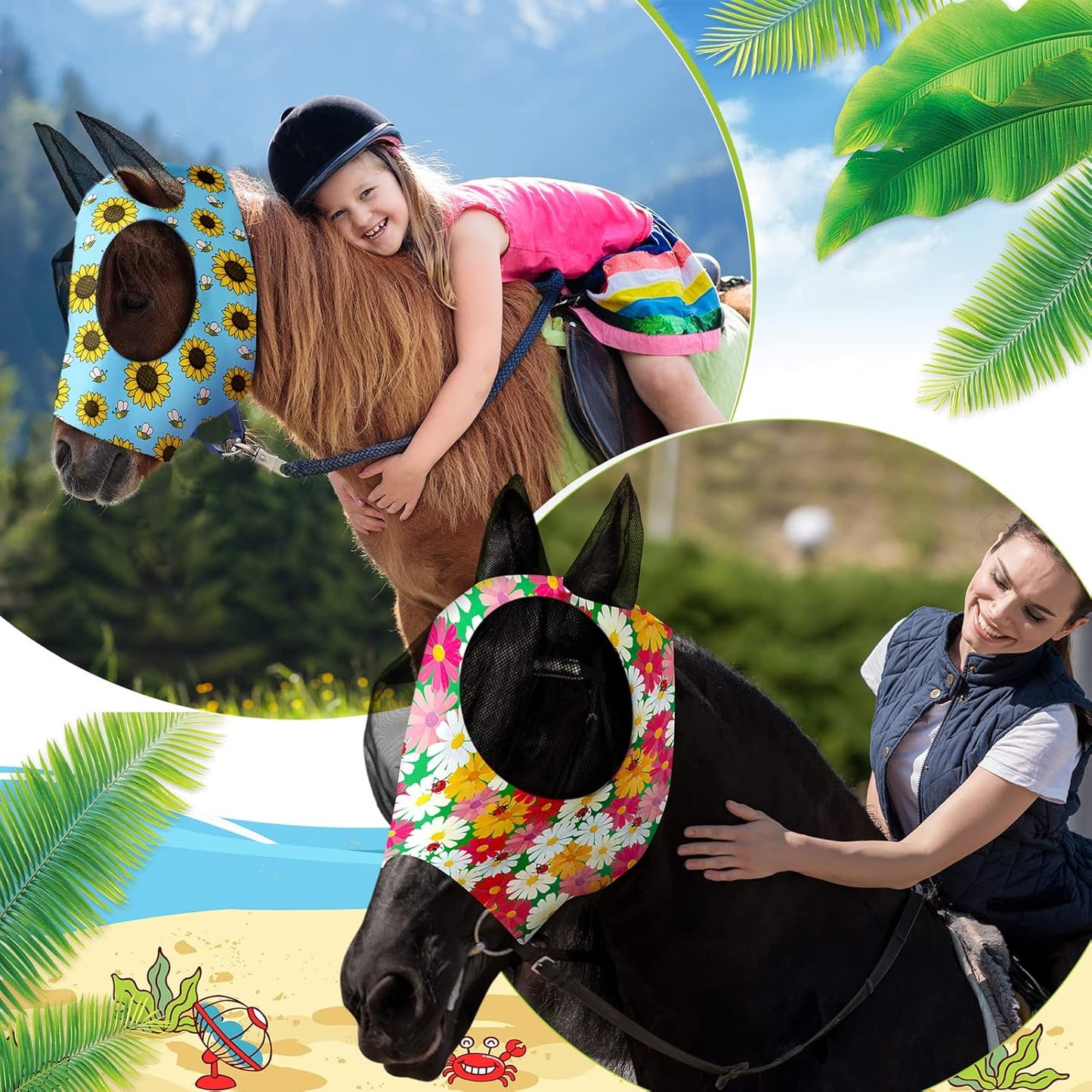 Frienda 4 Pieces Horse Fly Masks with Ears Face Covering UV Protection from Insect Pests Elasticity Smooth Comfortable Mesh Horse Mask Accessories(Flower,Medium)