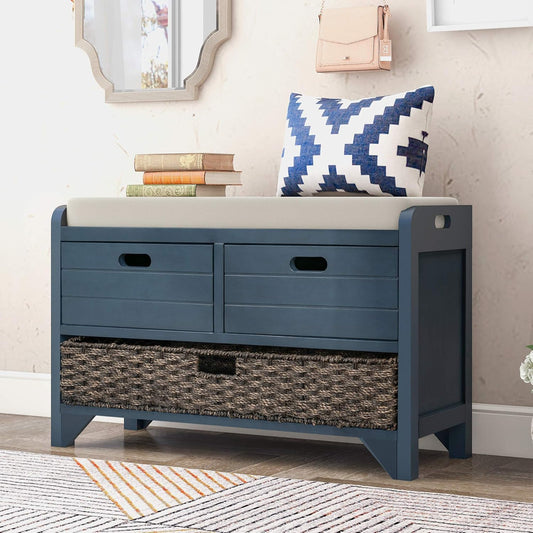 Storage Bench Removable Basket 2 Drawers Fully Assembled Acacia Wood Shoe Bench Standing Shoe Rack Removable Cushion for Living Room, Entrance Hallway, No Assembly Required Navy