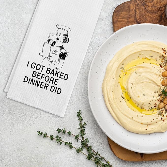 Funny Kitchen Decor Towels I Got Baked Before Dinner Did Dish Towel Funny Retro Housewife Kitchen Towels Housewarming Gifts for Hostess Hilarious Birthday Gifts for Women Sister Chef Friend