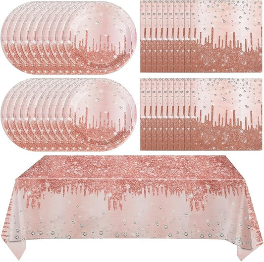 Rose Gold Birthday Party Decorations for Women Girls, Happy Birthday Party Supplies Includes 20 Plates, 20 Napkins and 1 Tablecloth, Pink Dimond Theme Decor for 13th 16th 18th 21st 30th 40th 50th