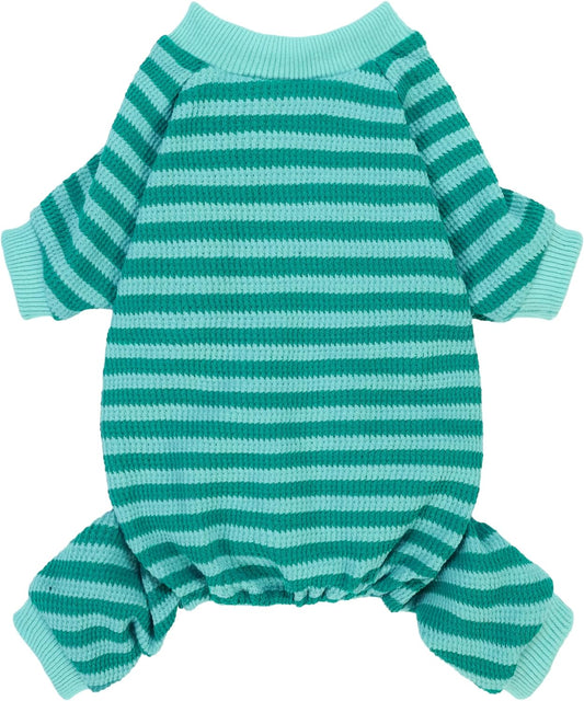 Fitwarm Green and Teal Striped Dog Pajamas, Waffle Dog Clothes for Small Dogs Girl Boy, Puppy Onesie with Feet, Pet Cat Outfit, XL