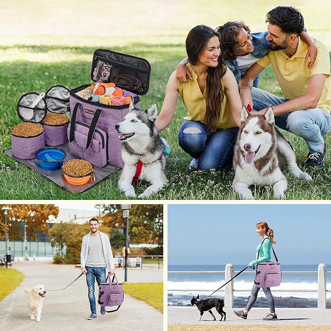Modoker Dog Travel Organizer Carriers for Supplies & Accessories, Airline Approved Cat Pet Travel Bag, 2 Collapsible Bowls, 2 Travel Dog Food Container, Purple