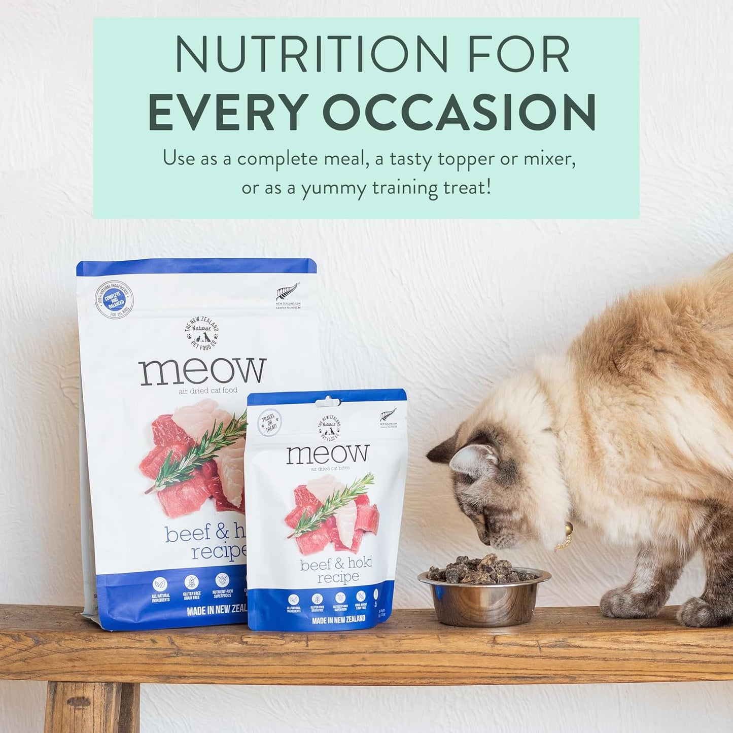 Meow Air Dried Cat Food - Beef & Hoki Recipe - Topper, Mixer or as Cat Training Treats, All Life Stages - 26.5 oz