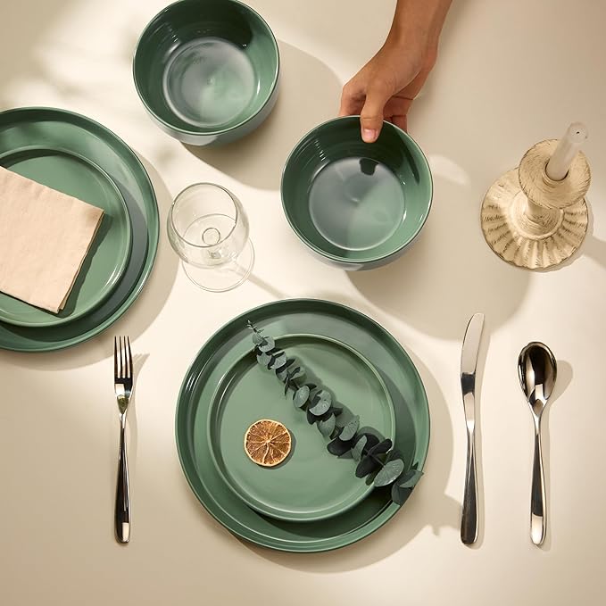 Ceramic Dinnerware Set, 12-Piece Service for 4, Round, Microwave and Dishwasher Safe, Cambridge Classics (Dusty Jade)