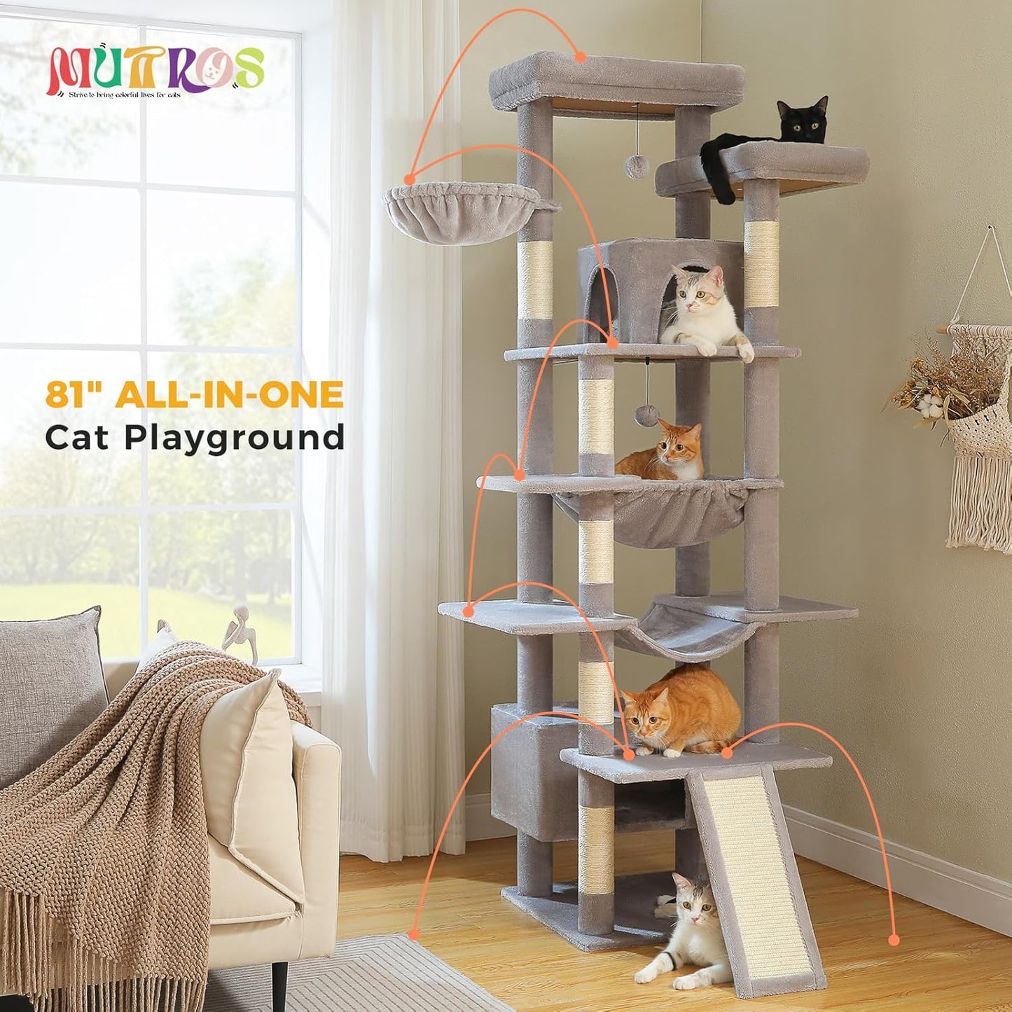 81" Heavy Duty Cat Tree for Large Cats up to 20lbs - Extra Tall Cat Tower with Metal Frame Hammock, 6 Sisal Scratching Posts, 2 Perches - Indoor Cat Furniture for Maine Coon, Big Cats, Gray