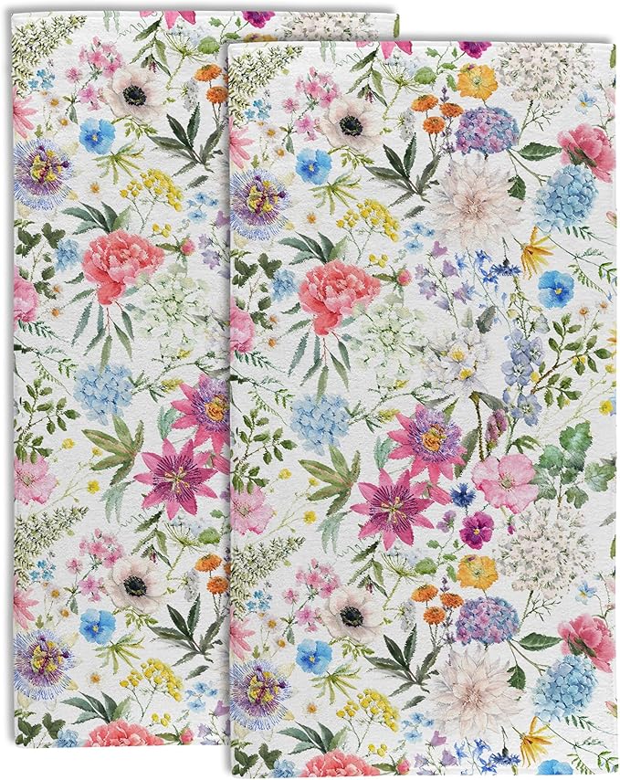 Colorful Flowers Botanical Leaves Hand Towel Set of 2,Watercolor Spring Floral Soft Absorbent Decorative Bathroom Kitchen Towel for Bathroom Kitchen Hotel Gym Yoga