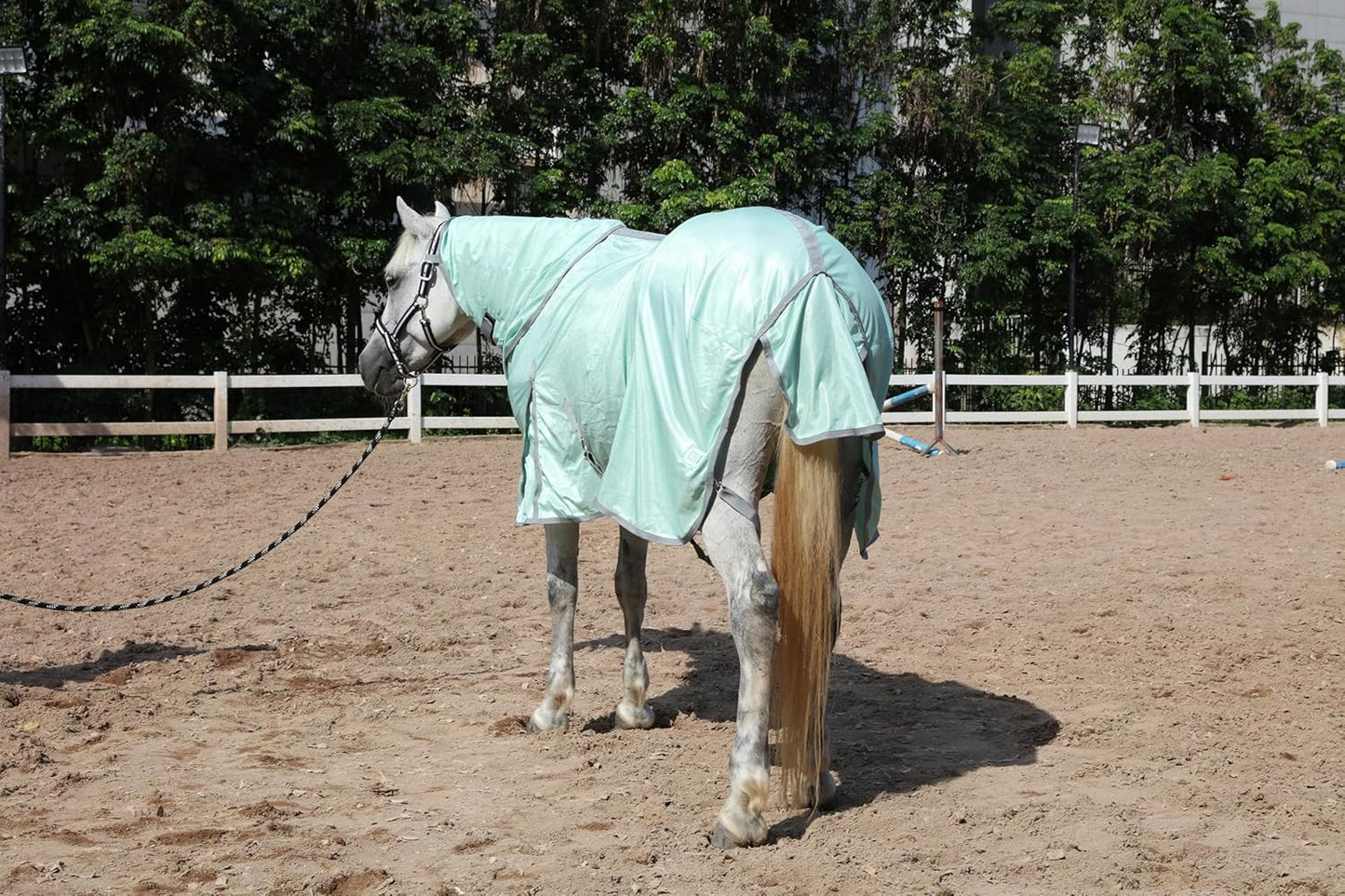 Horse Fly Sheet with Detachable Neck Cover & Belly Wrap, Adjustable Fly Sheet for Horses, Ventilated Airflow Mesh Equine Cooling Summer Flysheet Green 84