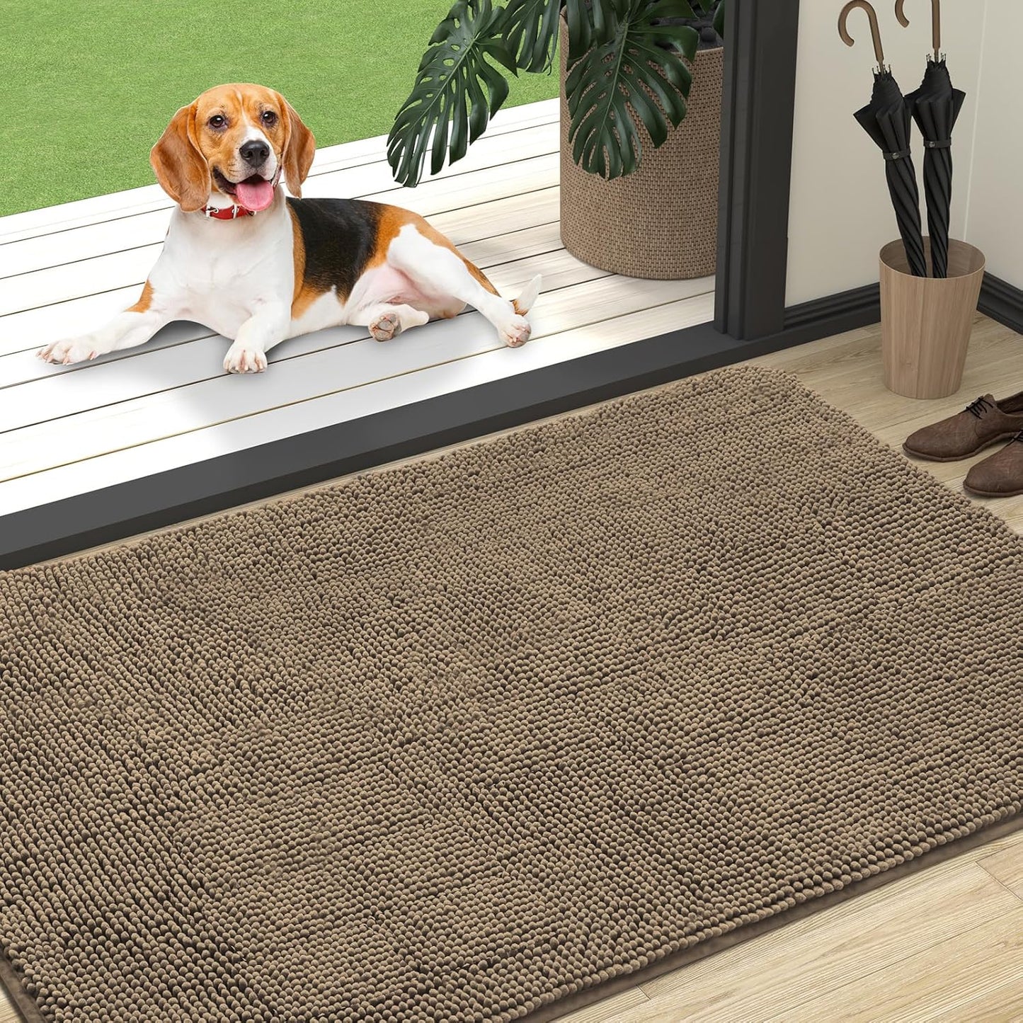 OLANLY Dog Door Mat for Muddy Paws 47x32, Absorbs Moisture and Dirt, Absorbent Non-Slip Washable Doormat, Quick Dry Chenille Mud Mat for Dogs, Entry Indoor Entryway Carpet for Inside Floor, Tan