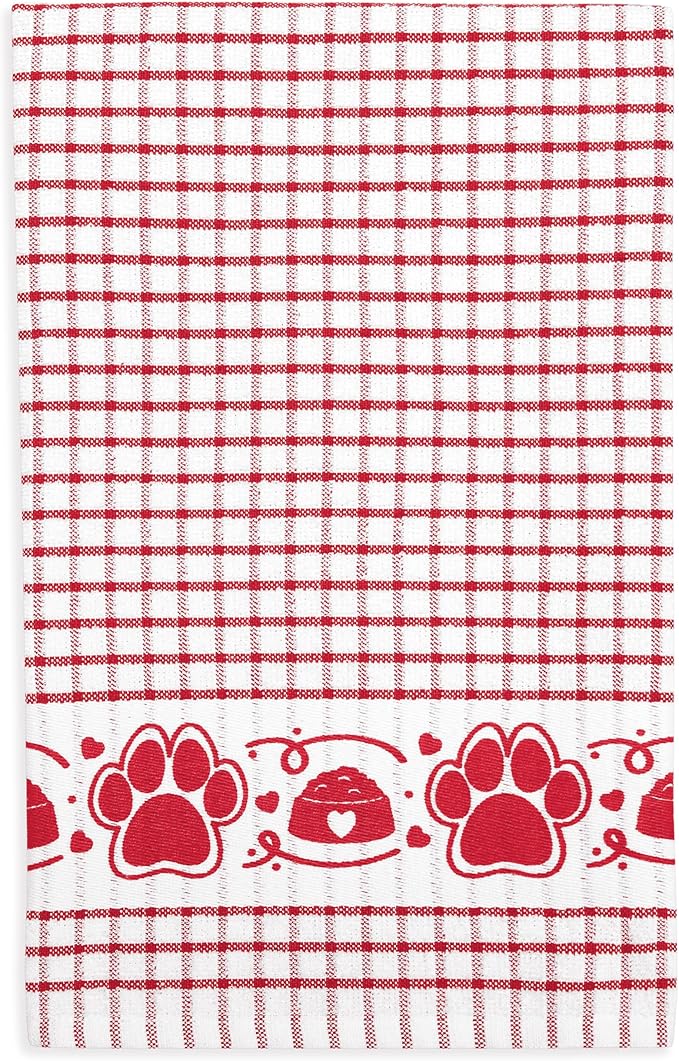 Cackleberry Home Paw Prints Terrycloth Kitchen Towels Windowpane Check Fabric, Set of 4 (Red)