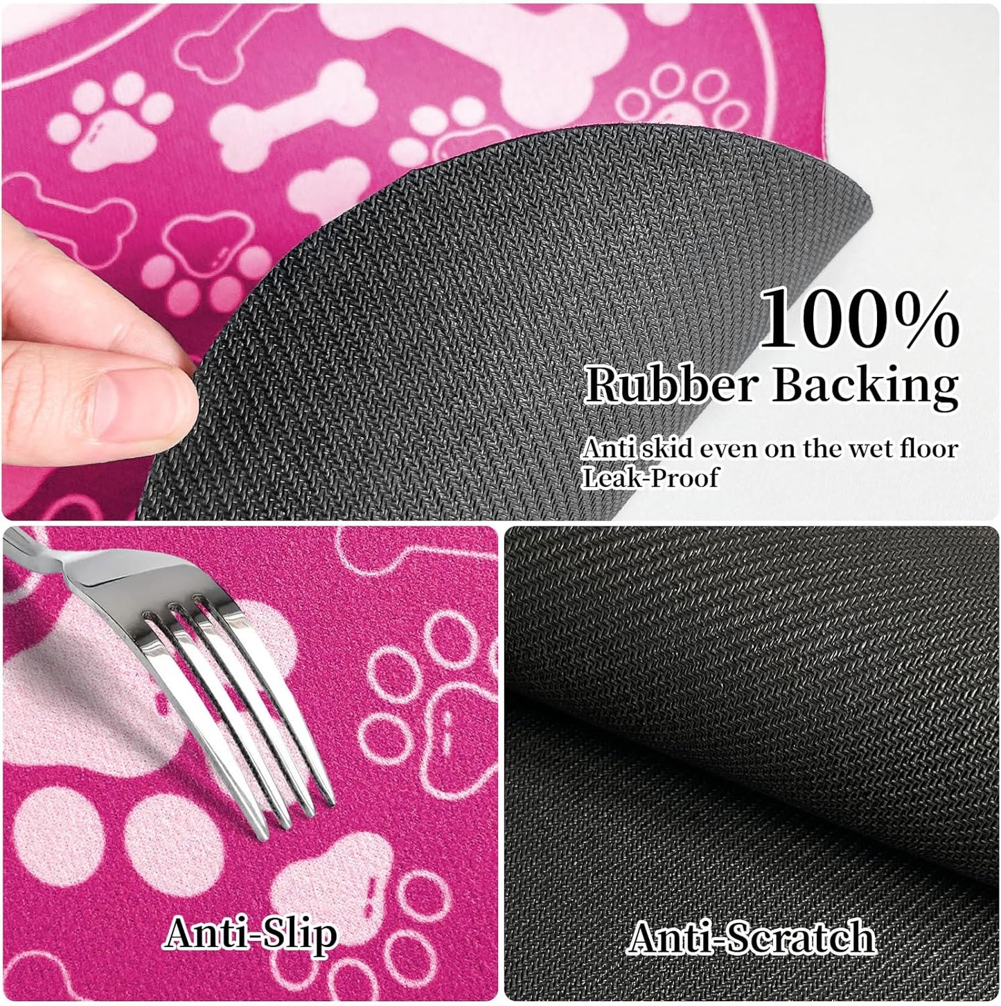 Dog & Cat Food Mat Bone Shaped Pet Feeding Mat Quick Absorb Water Bowl Placemat with Rubber Backing Indoor Floor Stain Resistant Pet Accessory Supplies (Pink Small, 12x18 Inches)