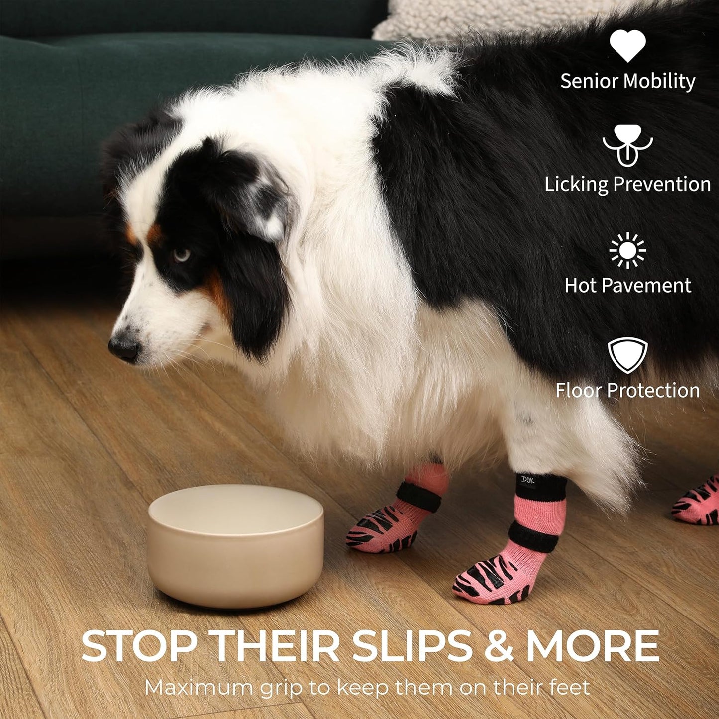 DOK TigerToes Premium Non-Slip Dog Socks for Hardwood Floors - Extra-Thick Grip That Works Even When Twisted - Prevents Licking, Slipping, and Great for Dog Paw Protection (Sassy Pink, Small)