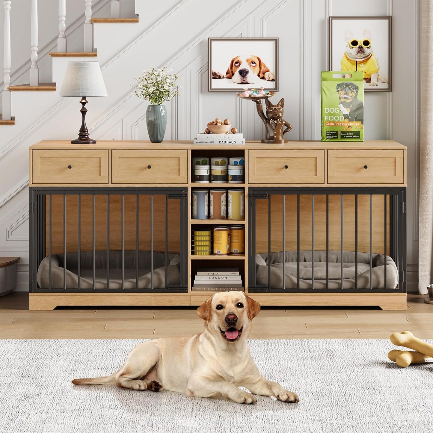 GarveeHome 82" Double Dog Crate Furniture, Large Dog Kennel Indoor for 2 Dogs, Heavy Duty Wooden Dog Crate TV Stand with 4 Drawers and Shelves, Natural