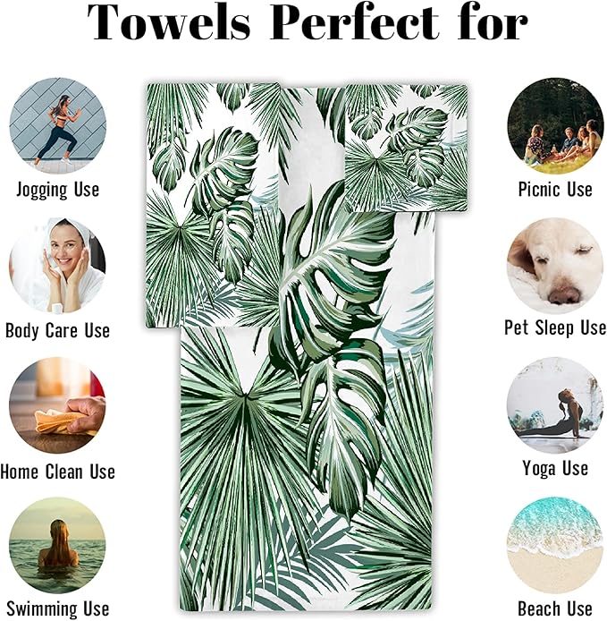 Deliciosa Palms Tropical Plants 3 Piece Towel Bathroom Sets, 1 Bath Towel, 1 Washcloth, 1 Hand Towel, Cotton Fast Dry Soft Absorbent Towel Set for Home Kitchen Family